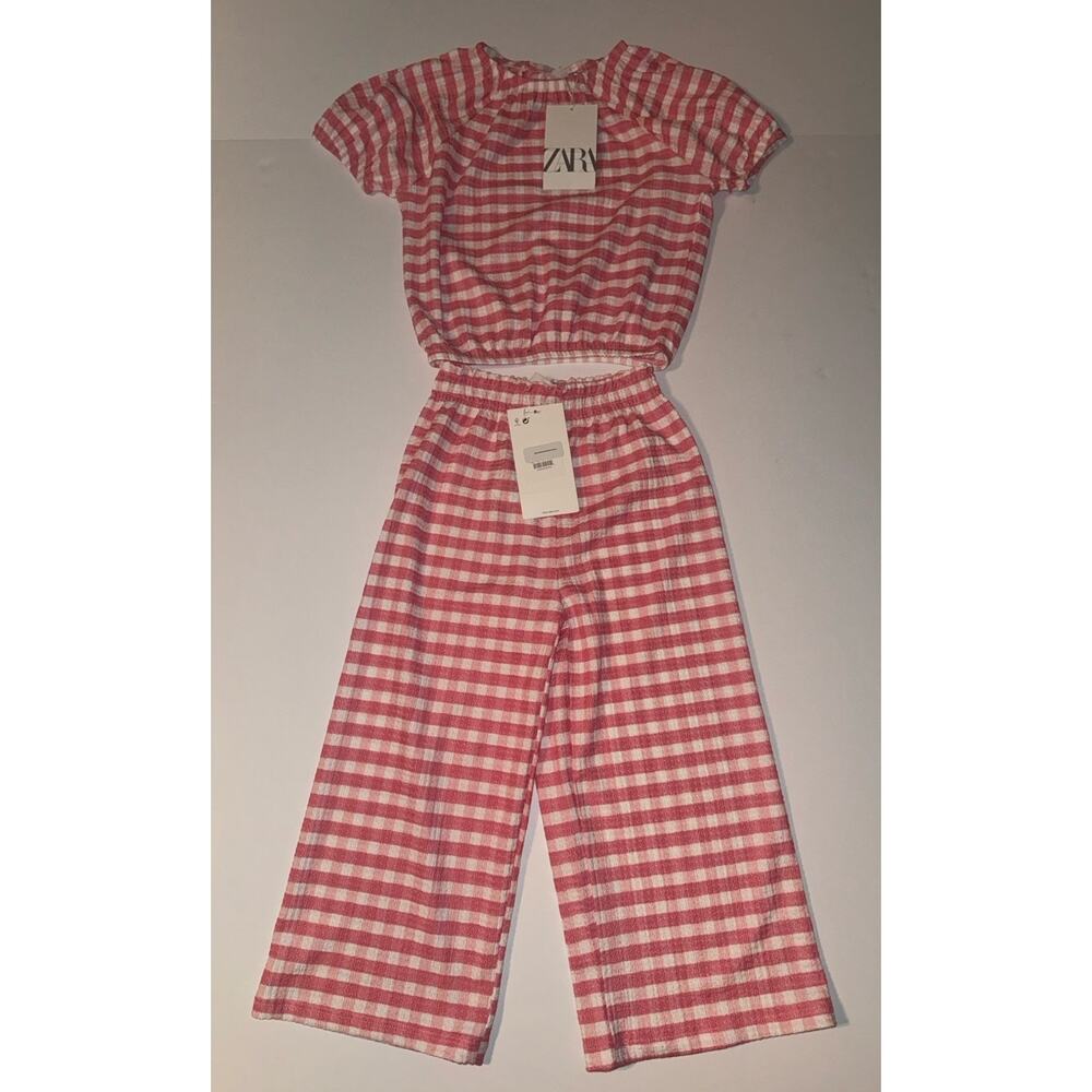 Zara Girls Pink Gingham Set 4-5Y NWT Matching Outfit Top Pants - Picture 2 of 6